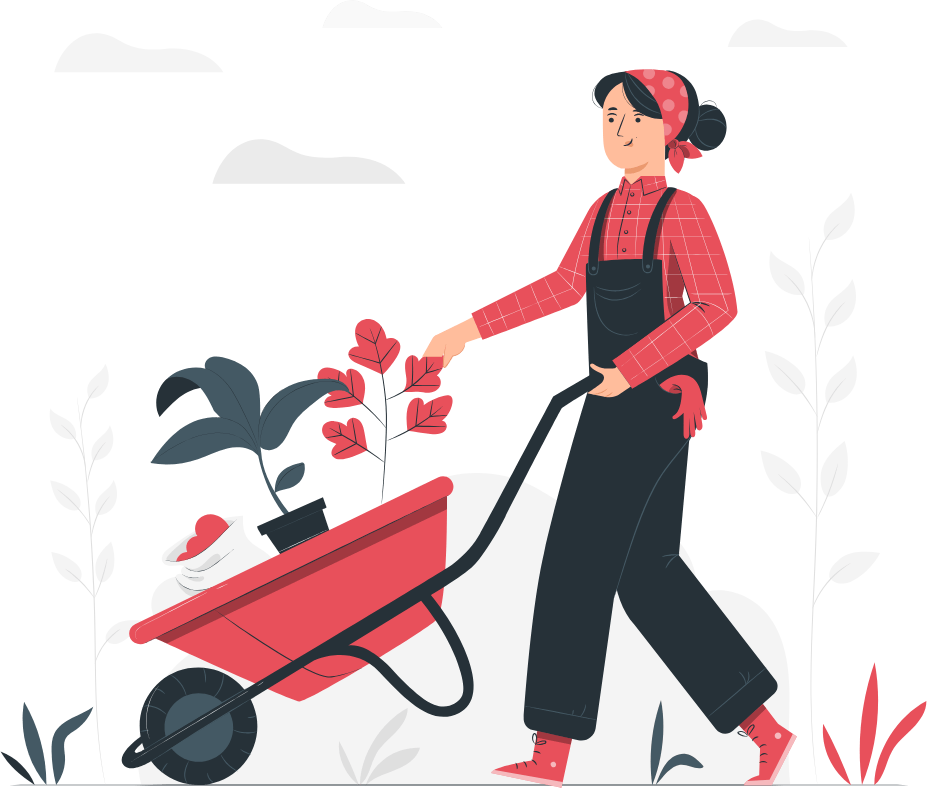 Dibujo de una mujer con una carretilla que transporta flores