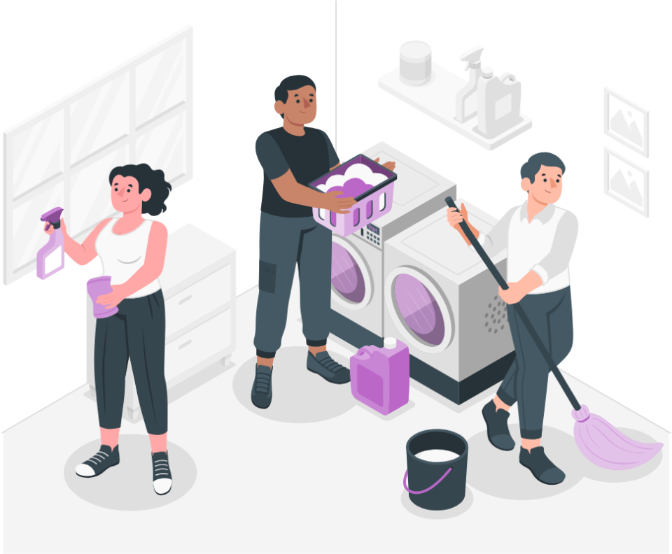 Dibujo de tres personas limpiando una sala con lavadoras