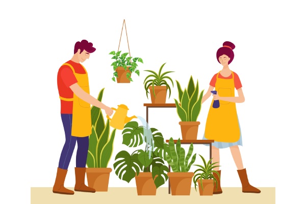 Dibujo de una pareja regando plantas